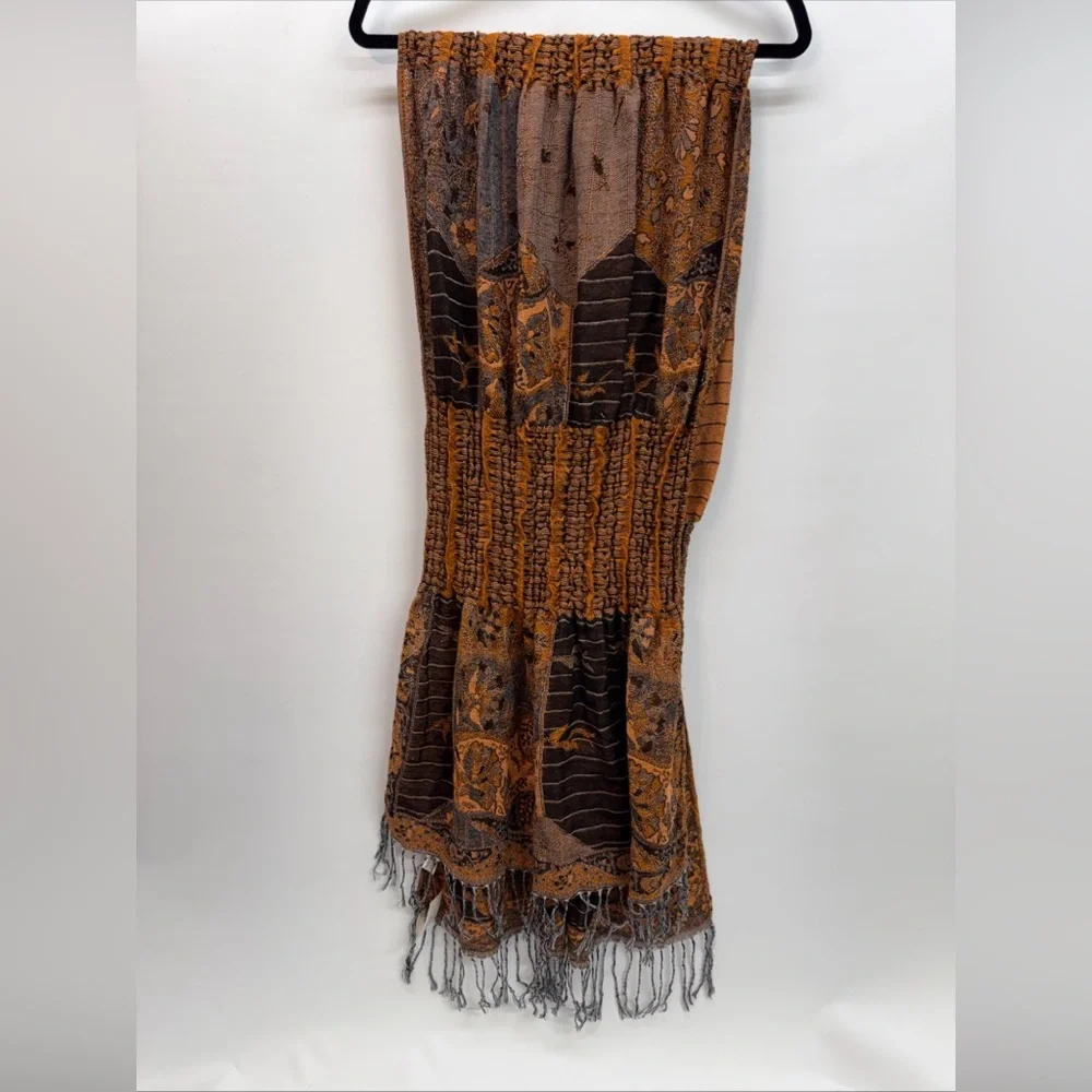 NWT Pashmina Scarf Wrap Shawl‎ Throw Brown Smocked Fringe 20